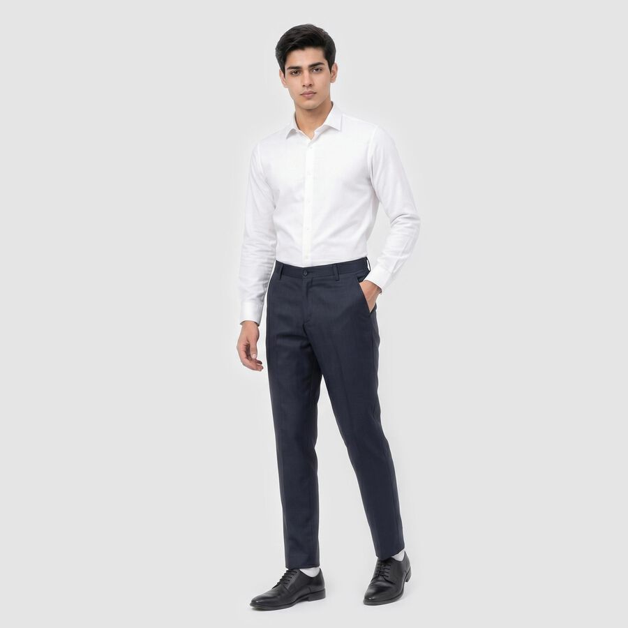 Men's Navy Blue Slim Fit Flat-Front Formal Trousers, Dark Blue, large