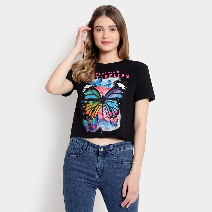 Cotton Round Neck T-Shirt, Black, large image number null
