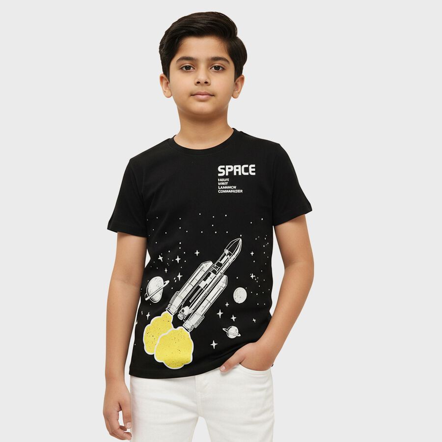 Boys Jet Black Round Neck Casual Half Sleeve T-Shirt, Black, large