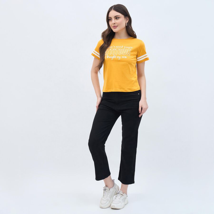 Women's Mustard Yellow Cotton Round Neck Casual T-Shirt, Mustard, large