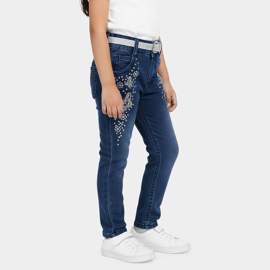 Girls' Navy Blue Regular Fit Butterfly Embroidered Jeans, Dark Blue, large