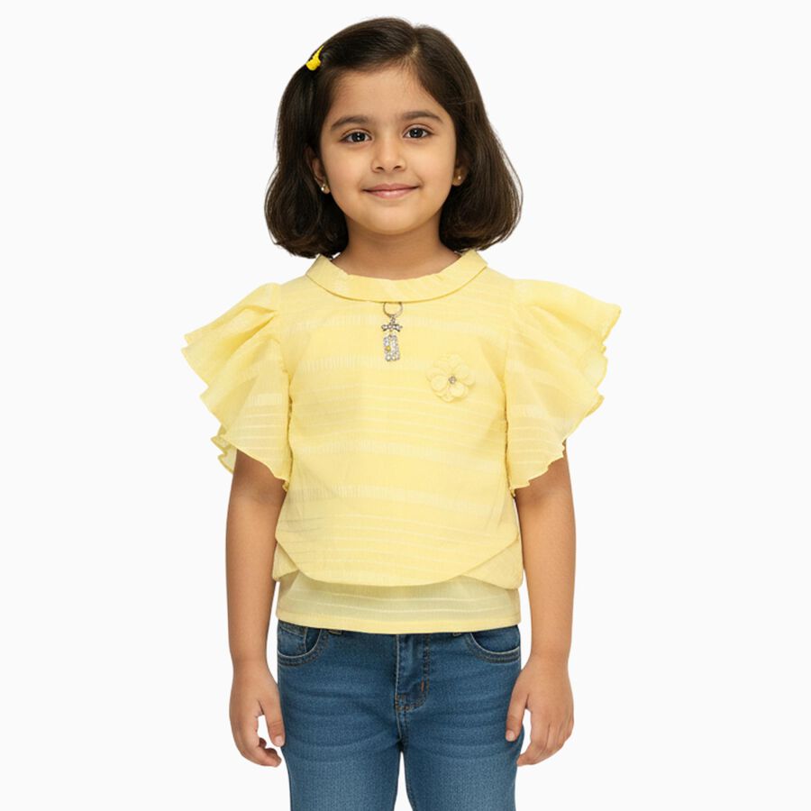 Girls Bright Yellow Round Neck Casual T-Shirt, Yellow, large image number null