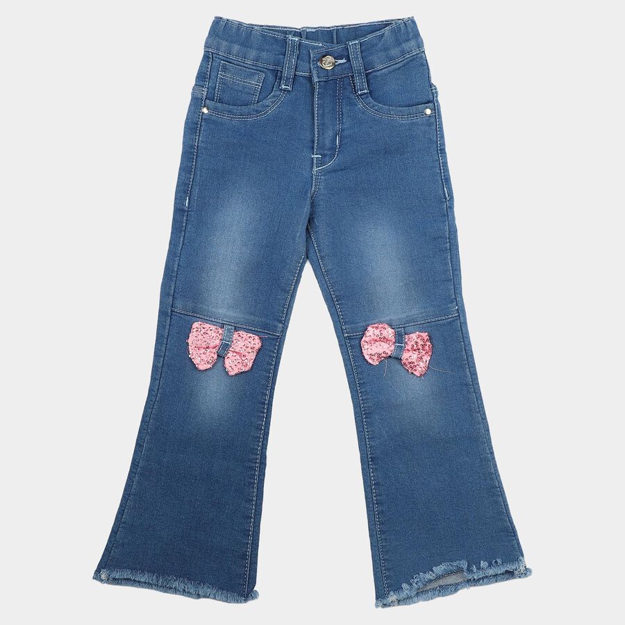 Girls Blue Flared Fit Sequin Bow Jeans, मध्यम नीला, large