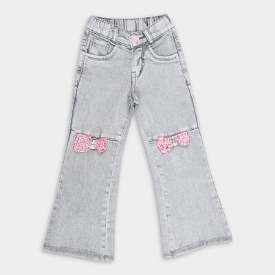 Girls Light Grey Flared Fit Bow Embellished Jeans