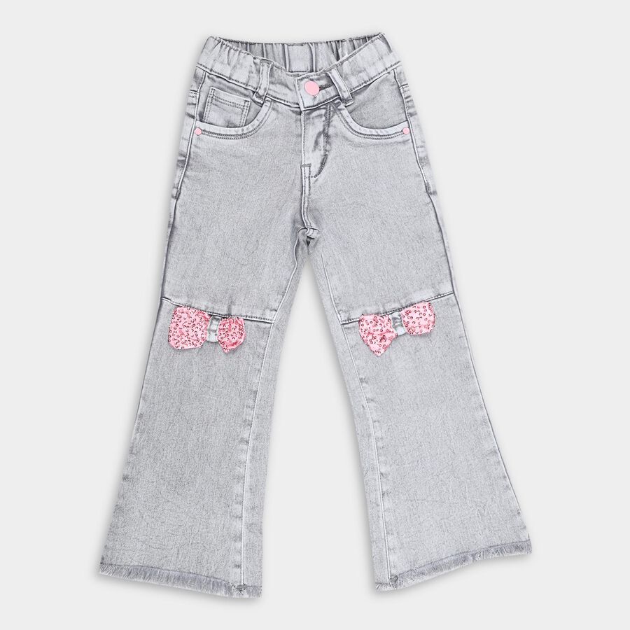 Girls Light Grey Flared Fit Bow Embellished Jeans, Light Grey, large image number null
