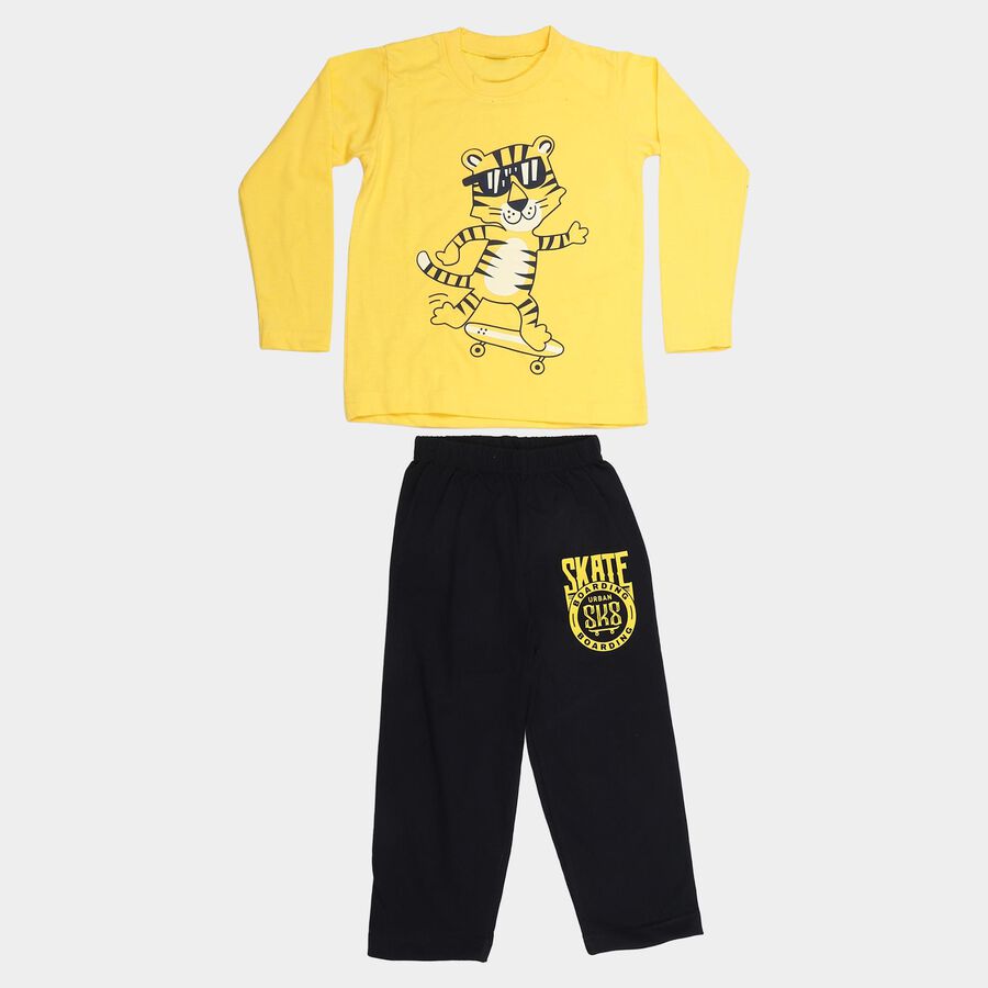 Boys Yellow Round Neck Graphic Print Baba Suit, Yellow, large
