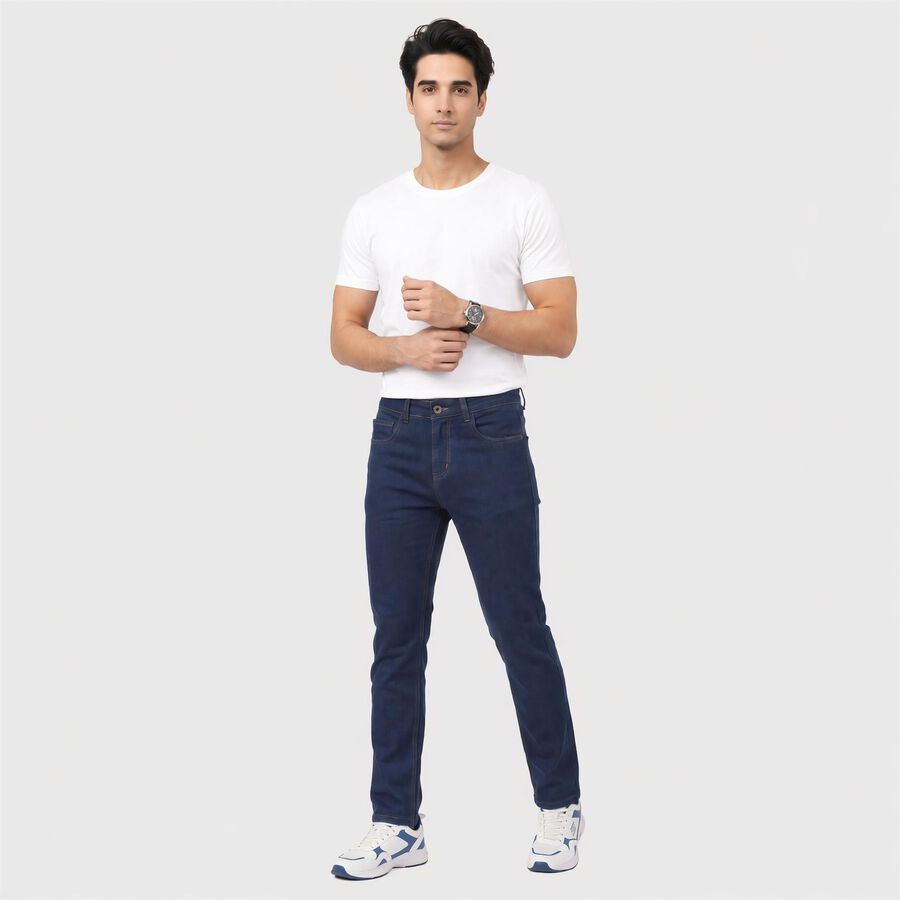 Men's Navy Blue Slim Fit Washed Jeans, गहरा नीला, large