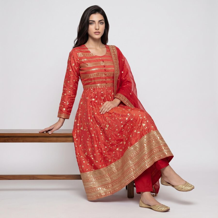 Women's Fuchsia Round Neck Embellished Ethnic Set, रानी (फ्यूशिया), large