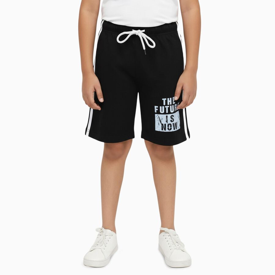 Boys Jet Black Graphic Printed Elastic Waist Bermuda Shorts, Black, large