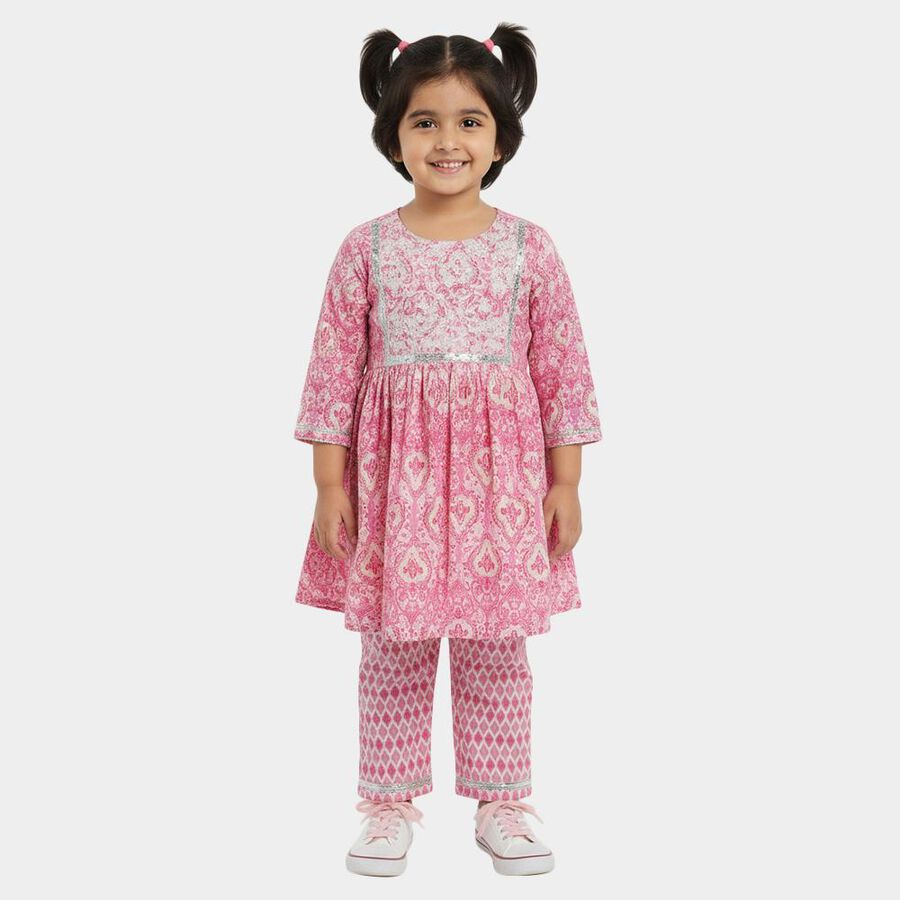 Girls' Pink Embroidered Kurta and Pant Fusion Set, Pink, large