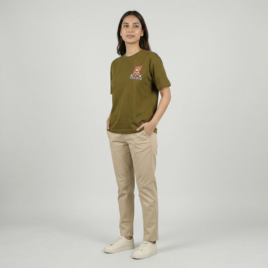 Women's Olive Green Cotton Round Neck Casual T-Shirt, Olive, large
