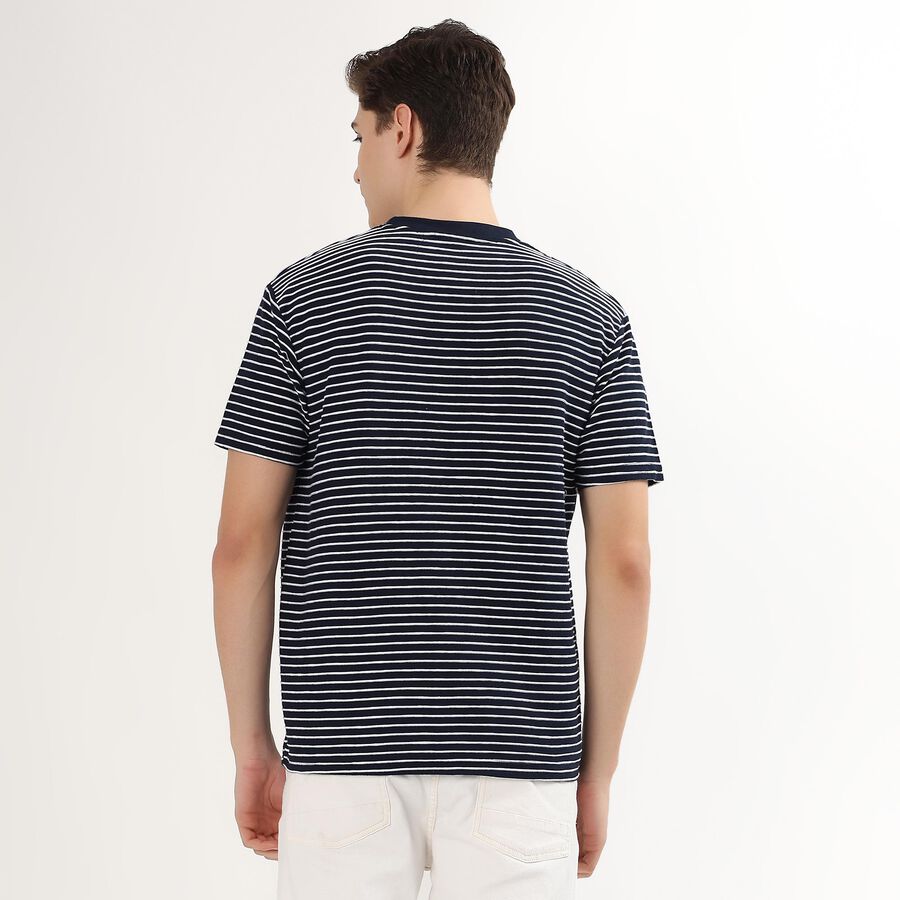 Men's Navy Blue Round Neck Striped T-Shirt, नेवी ब्लू, large