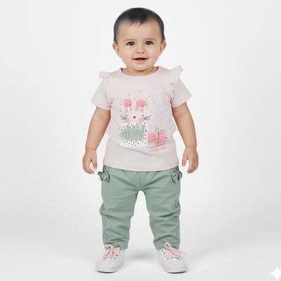 Infants Pink Cotton Graphic Top and Green Capri Set
