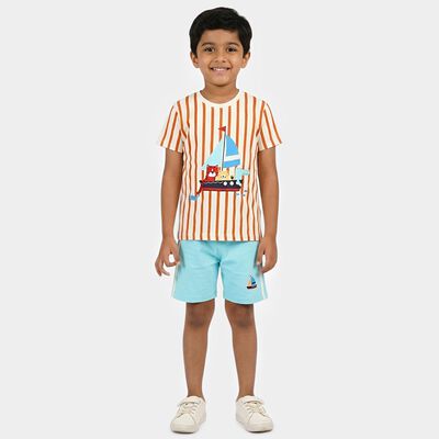 Boys' White Cotton Round Neck Striped Baba Suit
