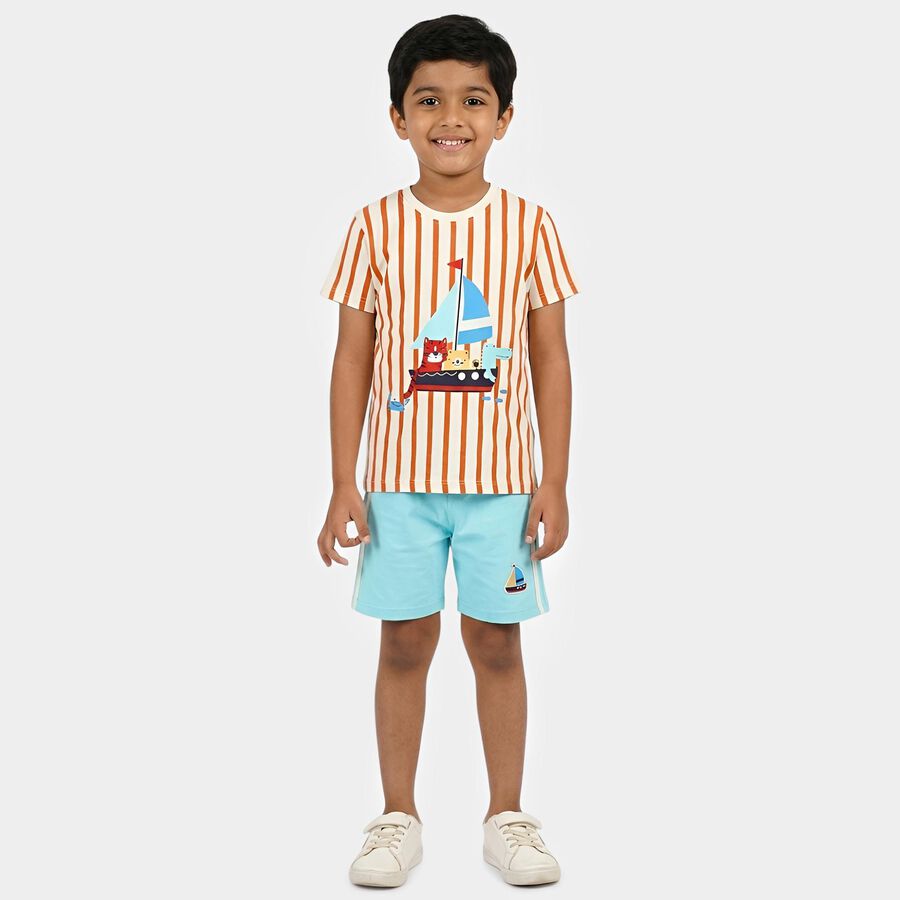 Boys' White Cotton Round Neck Striped Baba Suit, ऑफ व्हाइट, large