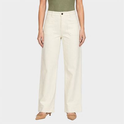Women's White High-Rise Wide Leg Patch Pocket Trousers