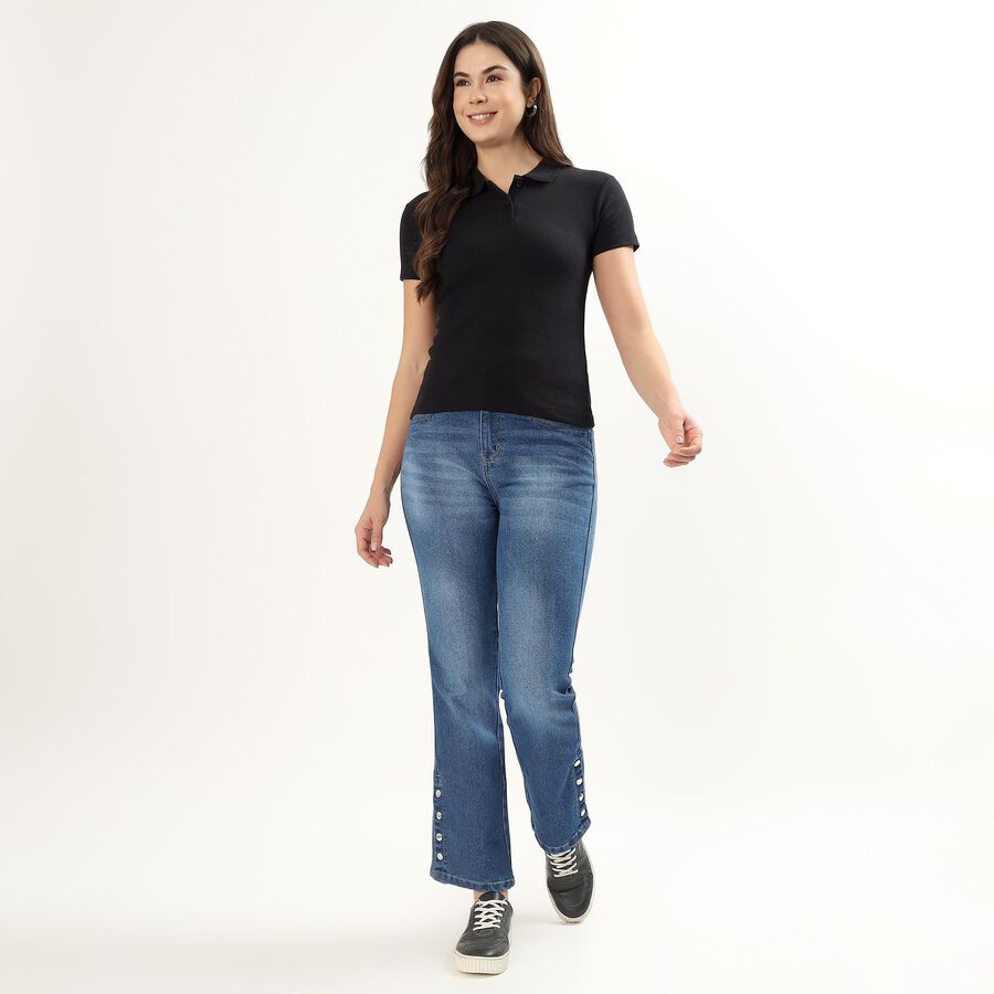 Women's Deep Jet Black Cotton Blend Polo Collar Preppy Polo T-Shirt, काला, large