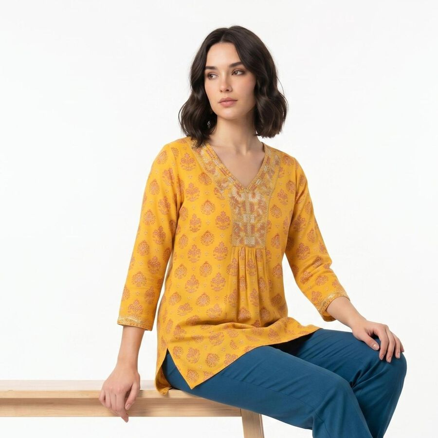 Women's Yellow V-Neck Printed A-Line Kurti, Yellow, large
