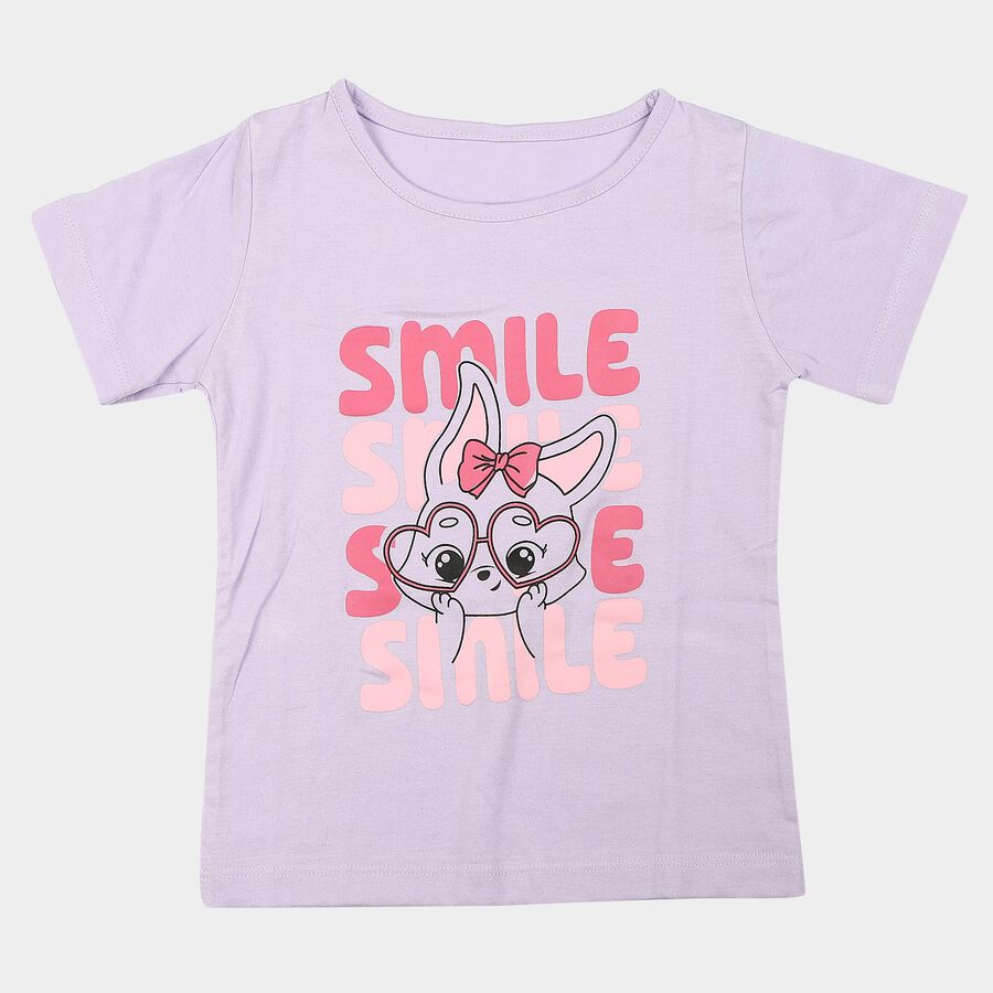 Girls' Lilac Cotton Blend Round Neck Regular T-Shirt, Lilac, large