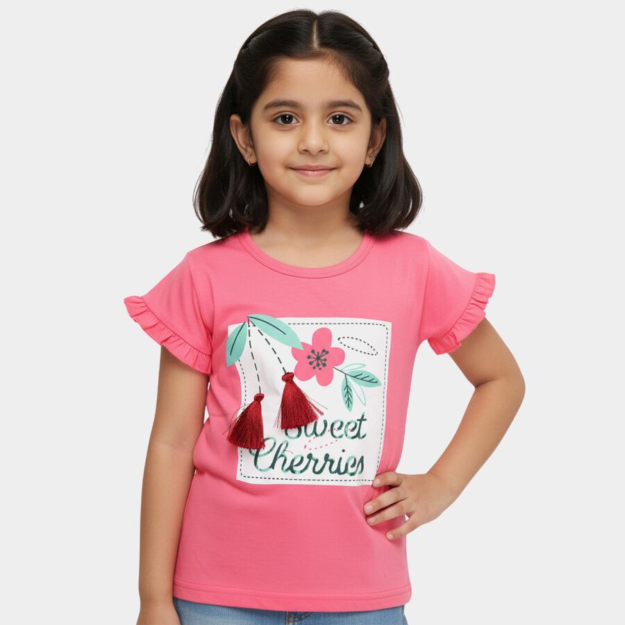 Girls Pink Cotton Round Neck Casual T-Shirt, Pink, large