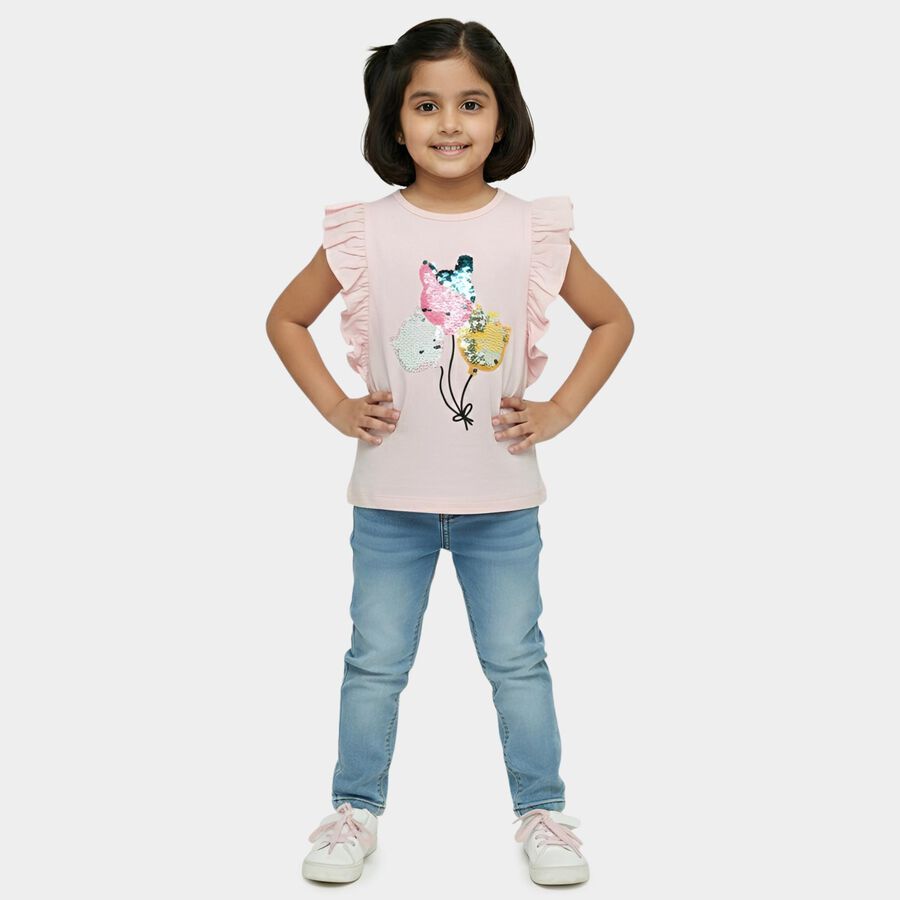 Girls' Pink Cotton Round Neck Romantic Ruffle Sleeve T-Shirt, हल्का गुलाबी, large