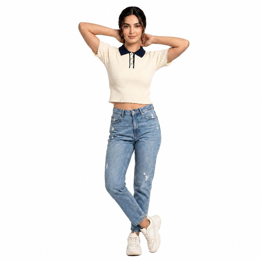 Women's Off White Cotton Polo Neck Crop Top, ऑफ व्हाइट, large