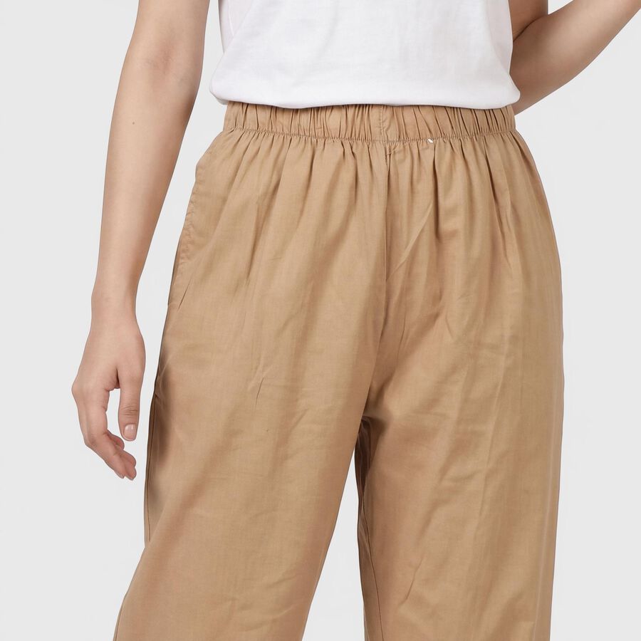 Women's Beige Regular Fit Solid Elastic Waist Palazzos, Beige, large