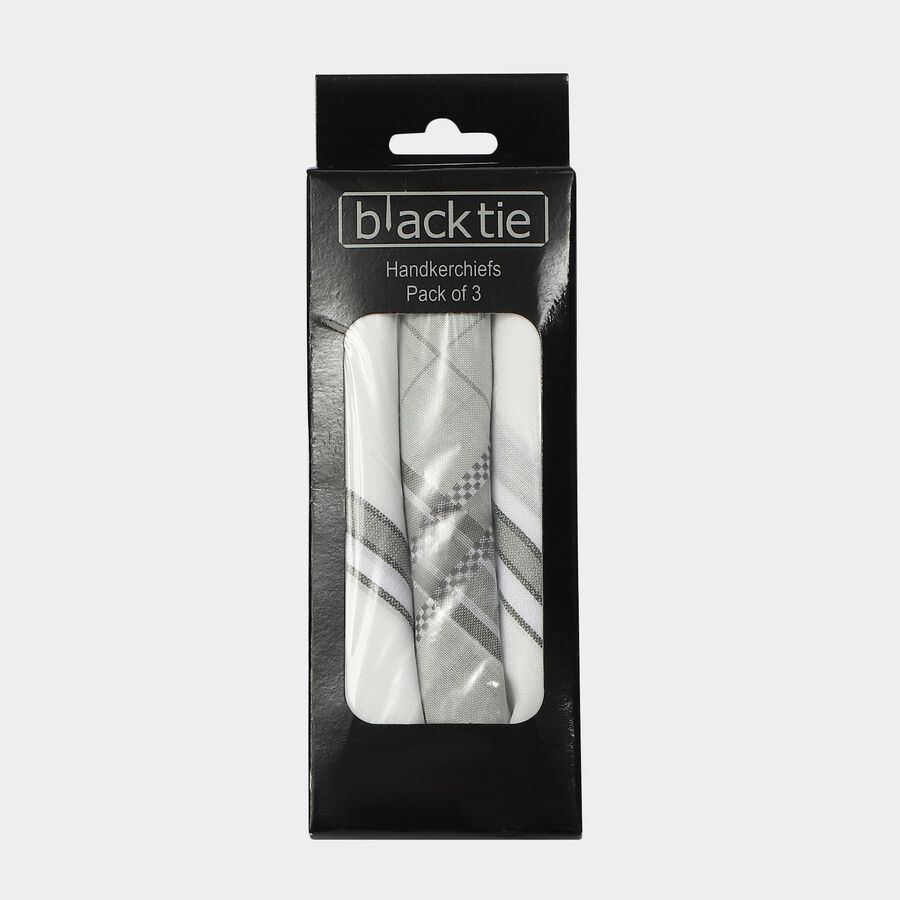 Men's White Checked Pack of 3 Handkerchief, Light Grey, large
