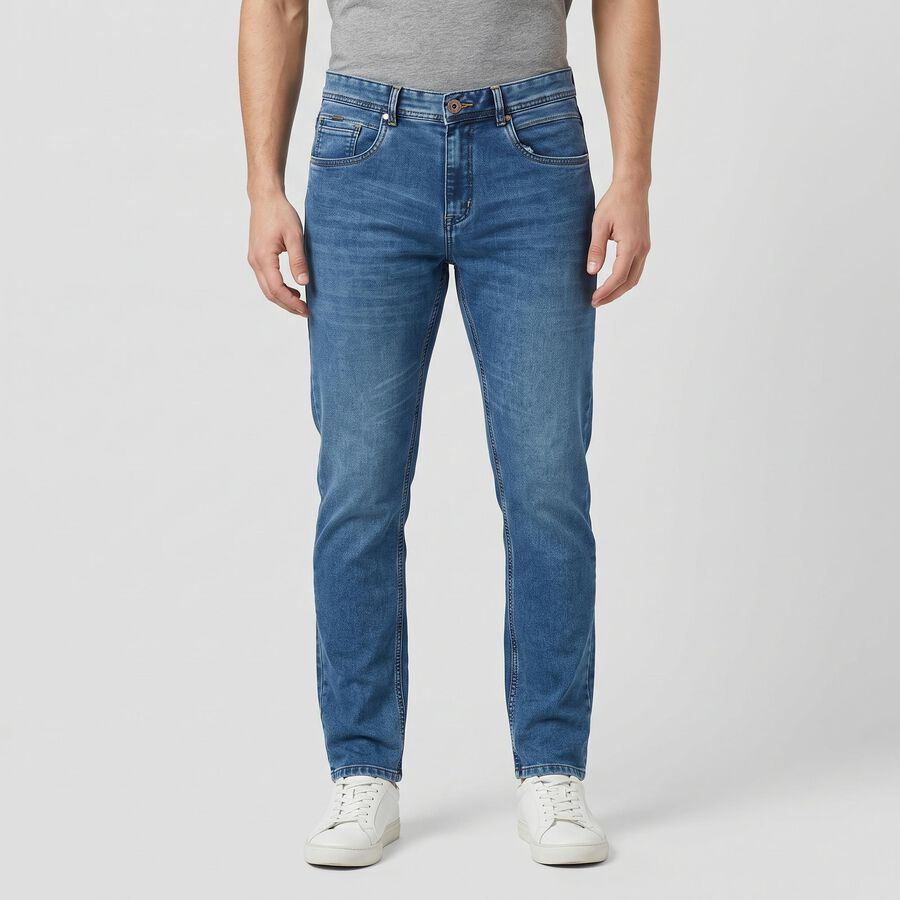 Men's Blue Slim Fit Washed Jeans, Mid Blue, large