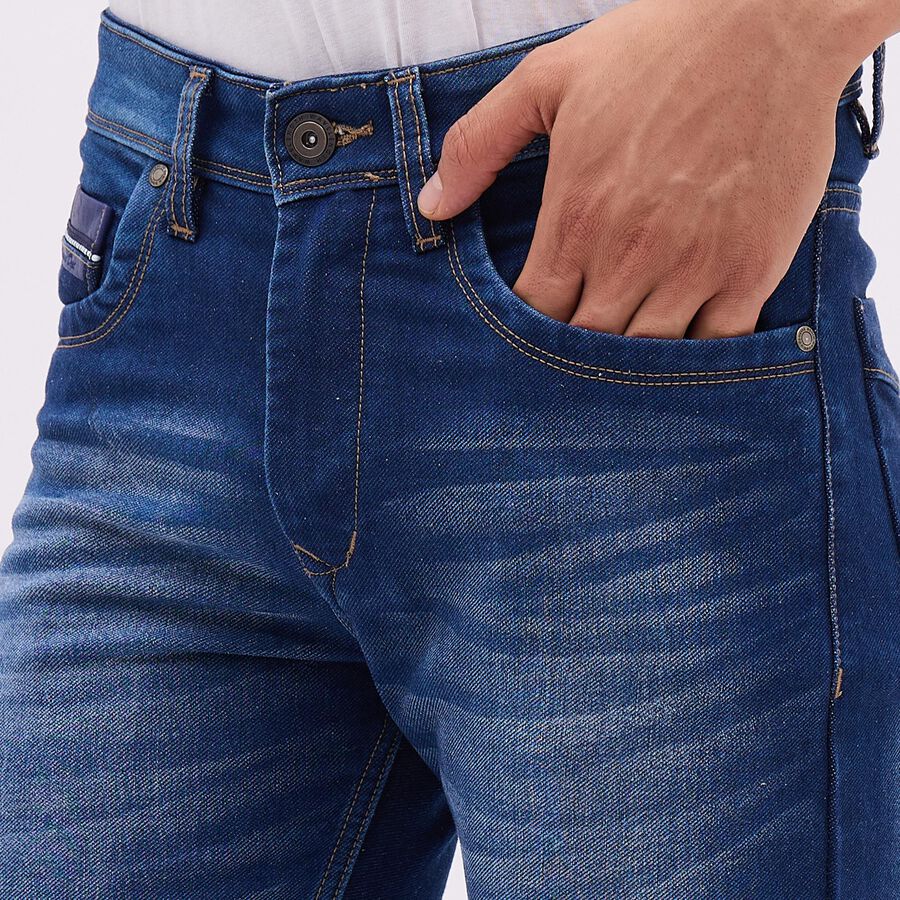 Men's Stonewashed Blue Slim Fit Five-Pocket Jeans, गहरा नीला, large image number null