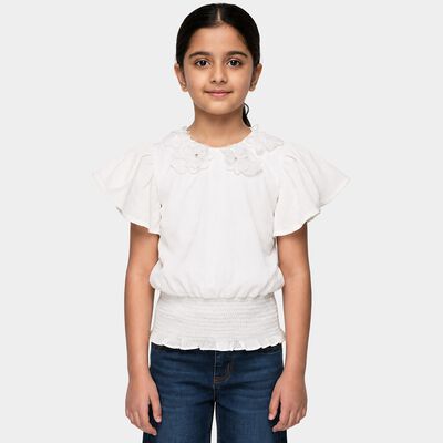 Girls White Round Neck Regular T-Shirt