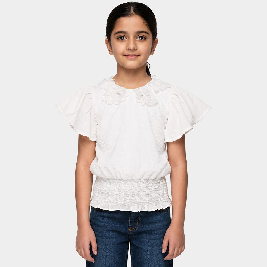 Girls White Round Neck Regular T-Shirt, सफ़ेद, large
