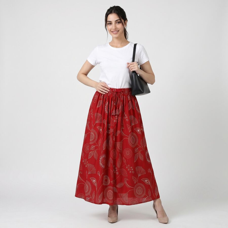Women's Maroon Flared Printed Maxi Skirt, Maroon, large