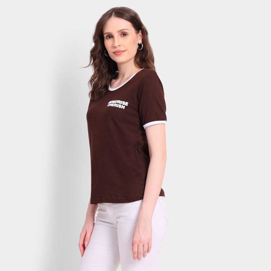 Ladies' Cotton Round Neck T-Shirt, भूरा, large image number null