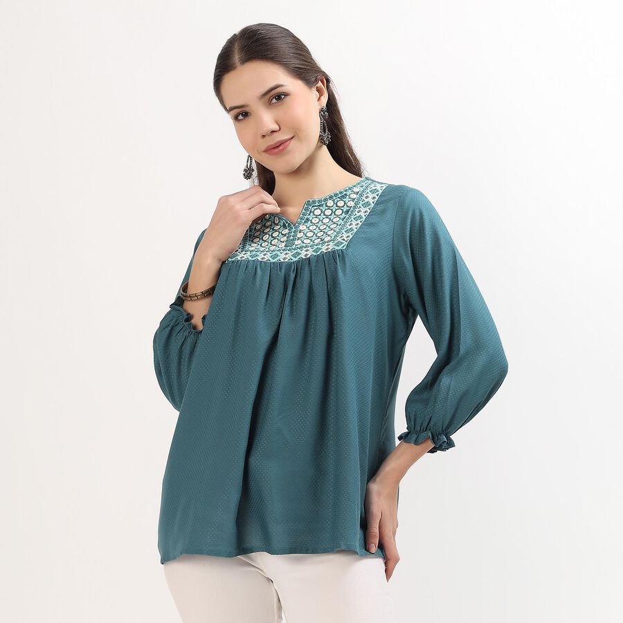 Women's Muted Teal Blue Notch Neck Embroidered Kurti, Mid Blue, large image number null