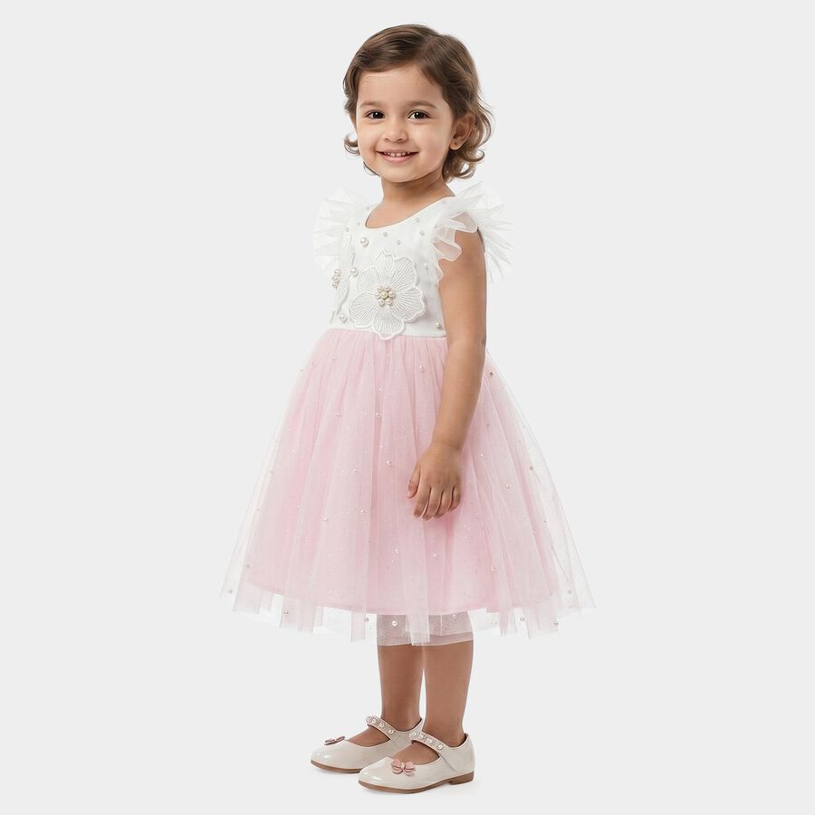 Girls' Pink Fit and Flare Floral Applique Party Wear Frock, हल्का गुलाबी, large