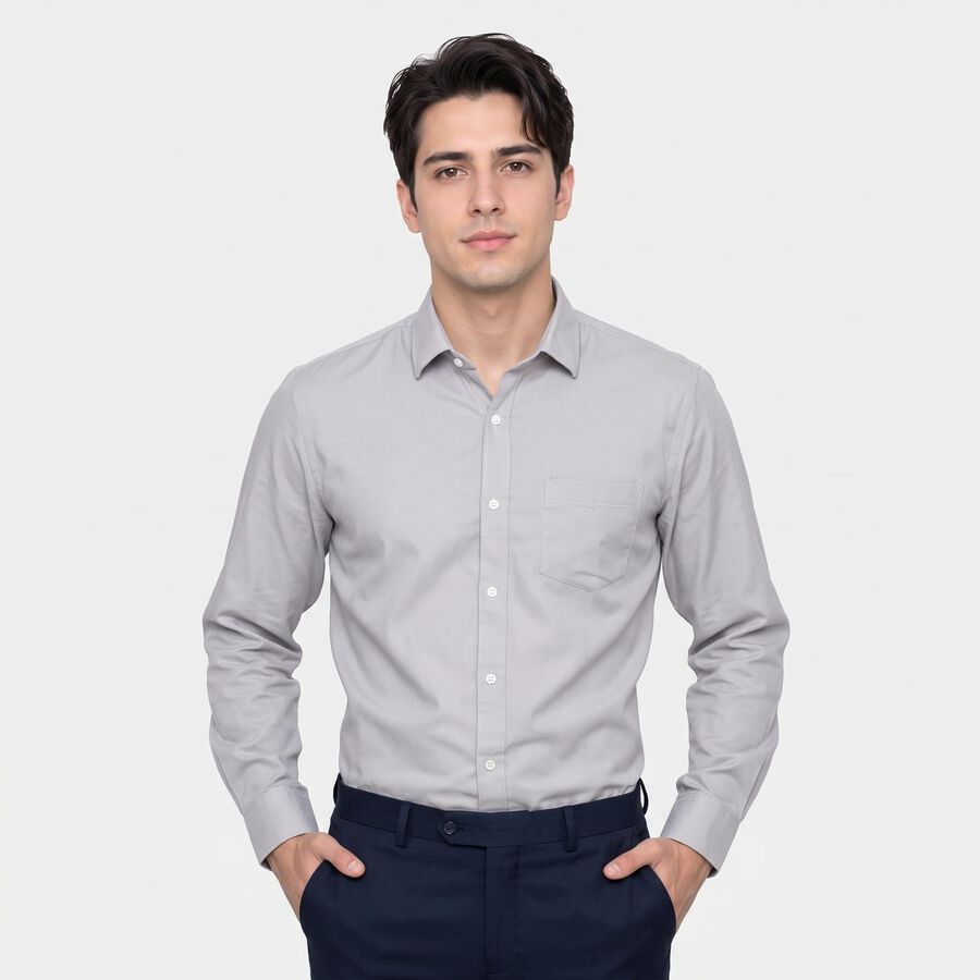 Men's Grey Spread Collar Formal Shirt, हल्का ग्रे, large