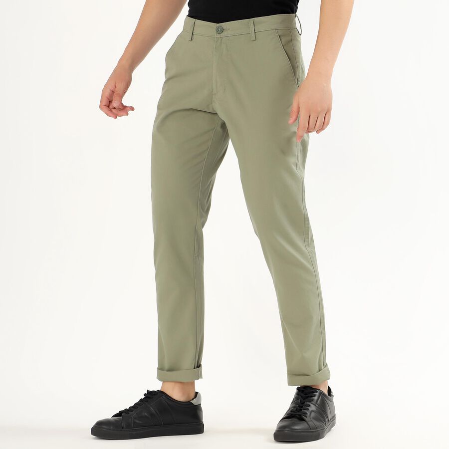 Men's Muted Sage Green Slim Fit Flat-Front Casual Trousers, Light Green, large