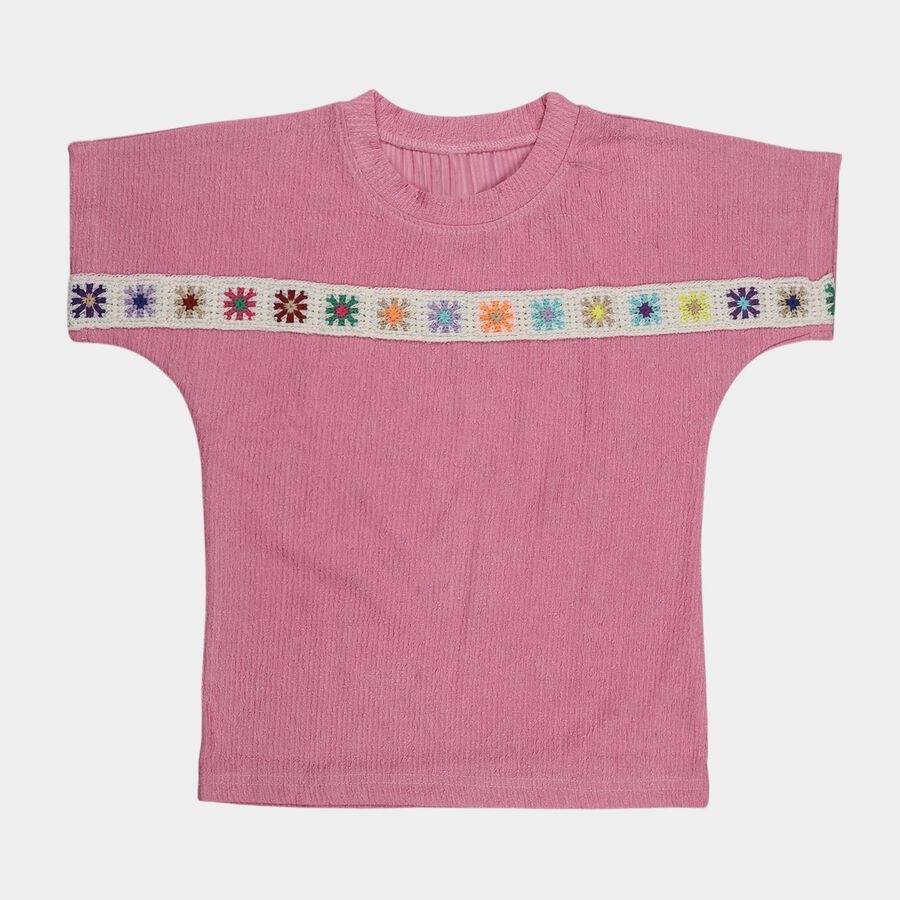 Girls Pink Round Neck Casual T-Shirt, Pink, large
