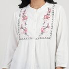 Women's White Embroidered Mandarin Collar Regular Fit Shirt, सफ़ेद, small