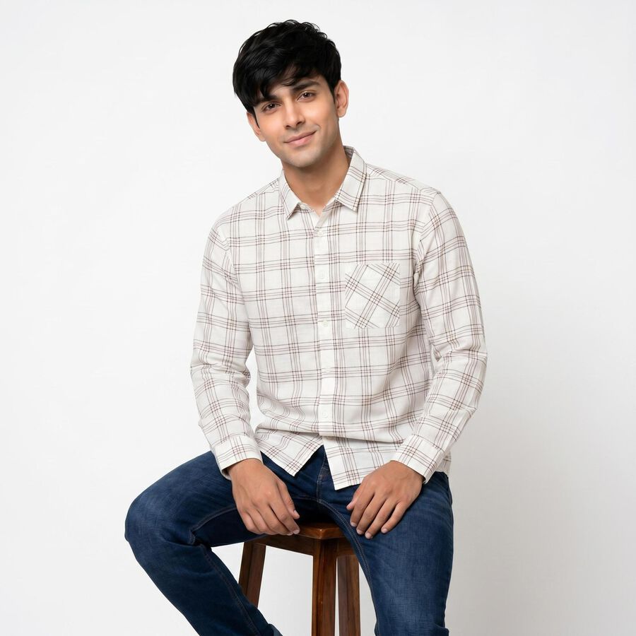 Men's Brown Cotton Checked Regular Fit Casual Shirt, Brown, large