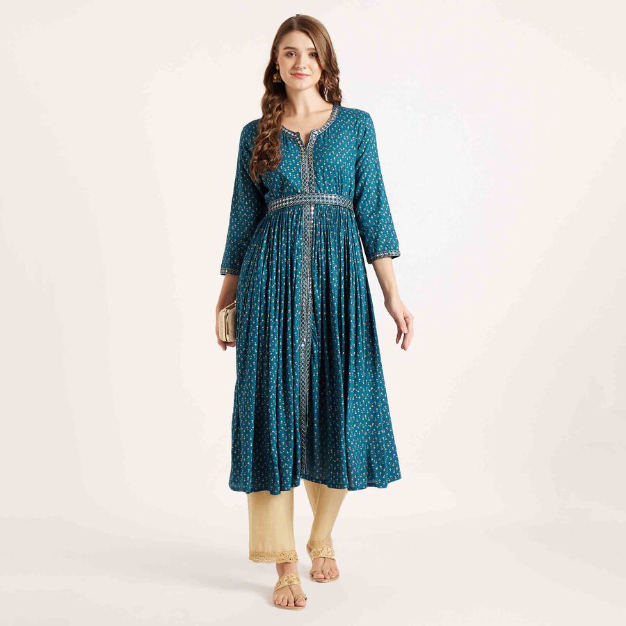 Embroidered 3/4th Sleeve Kurta, टील ब्लू, large image number null