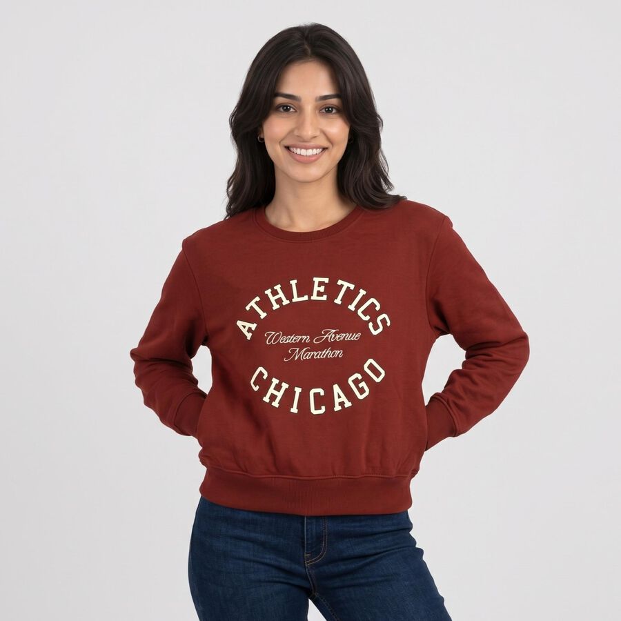 Women Rust Crew Neck Pullover Sweatshirt, रस्ट, large