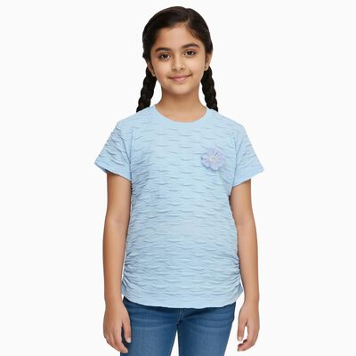Girls Light Blue Round Neck Casual T-Shirt