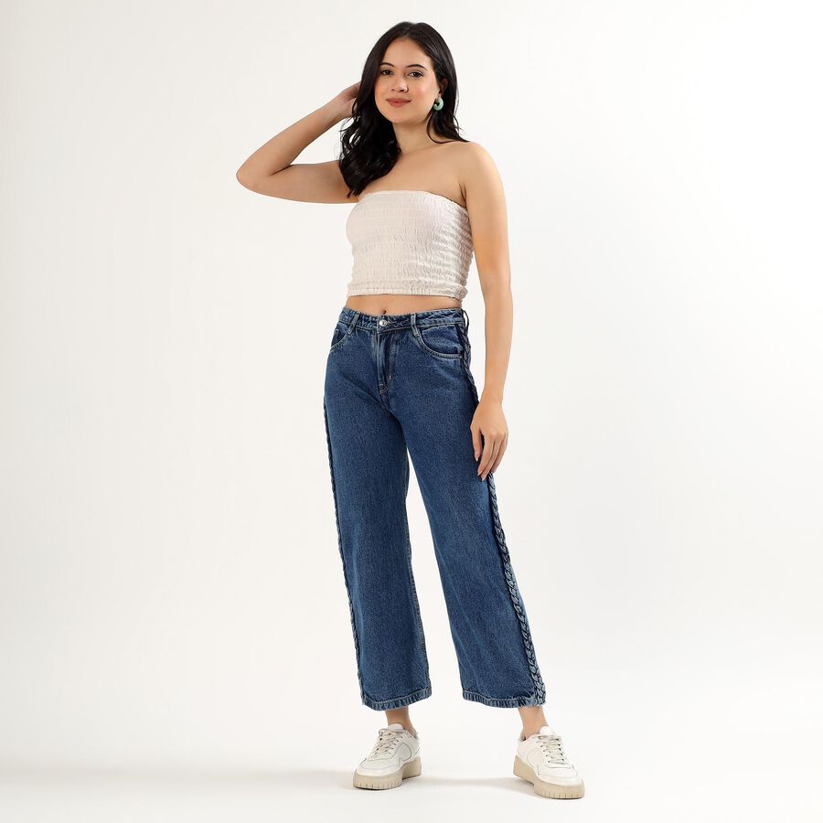 Women's Deep Indigo Wide-Leg Braided Jeans, हल्का नीला, large image number null