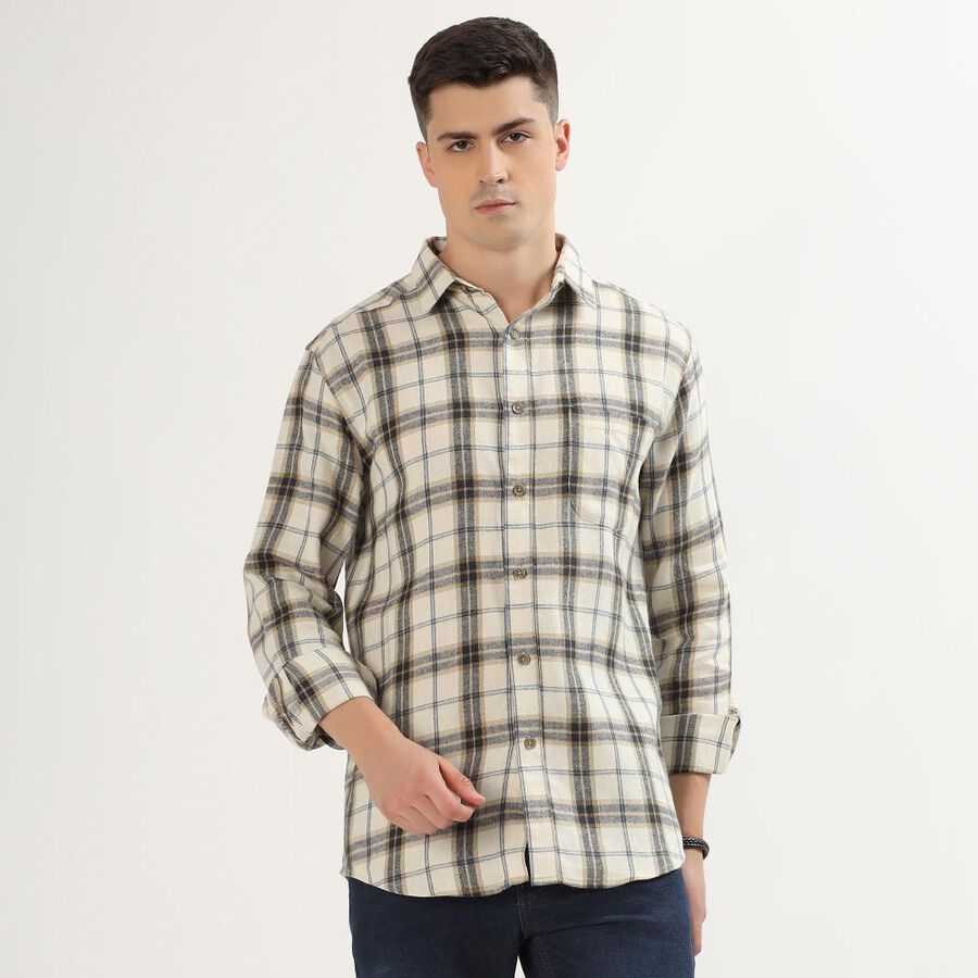 Men's Beige Cotton Spread Collar Casual Shirt, गहरा पीला, large image number null