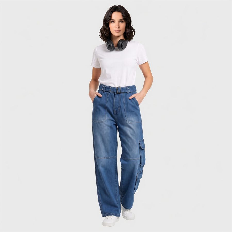 Women's Blue Wide Leg Cargo Jeans, मध्यम नीला, large