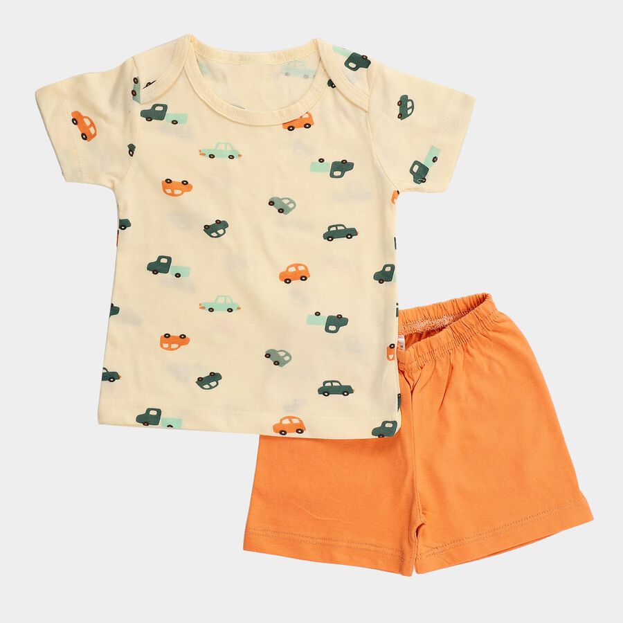 Infants' Orange Cotton Round Neck Car Print Baba Suit, Orange, large