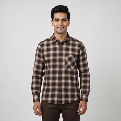 Men's Brown Cotton Long Sleeve Regular Fit Casual Shirt