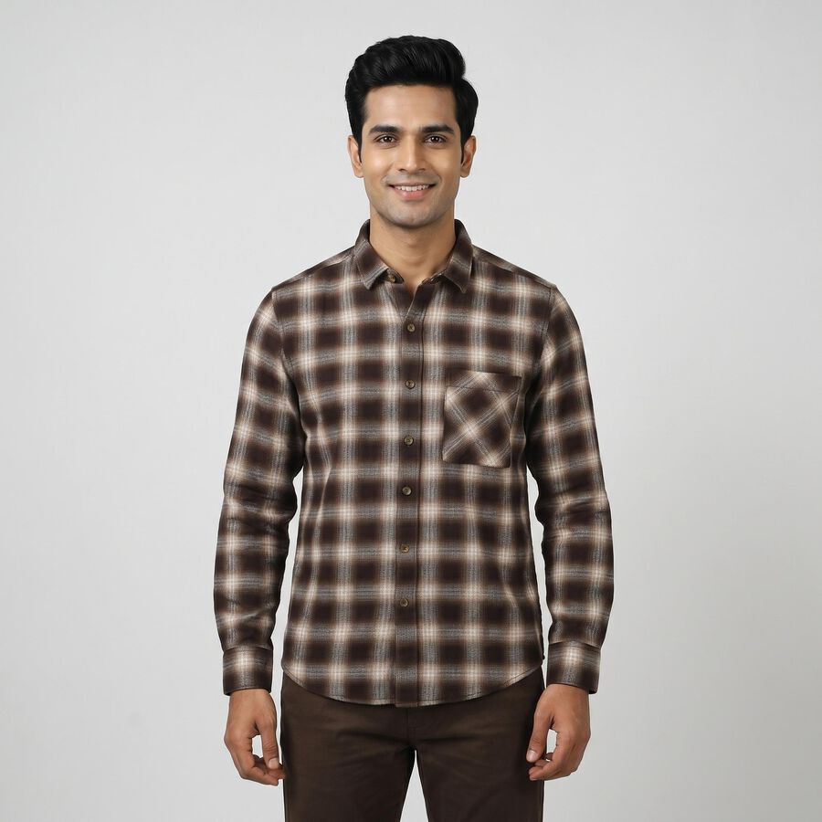 Men's Brown Cotton Long Sleeve Regular Fit Casual Shirt, भूरा, large